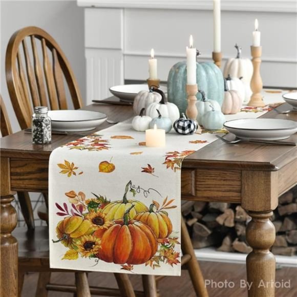 Pumpkins Thanksgiving Table Runner, Kitchen Dining Table Decoration 13 x 72 Inch - Picture 3 of 6